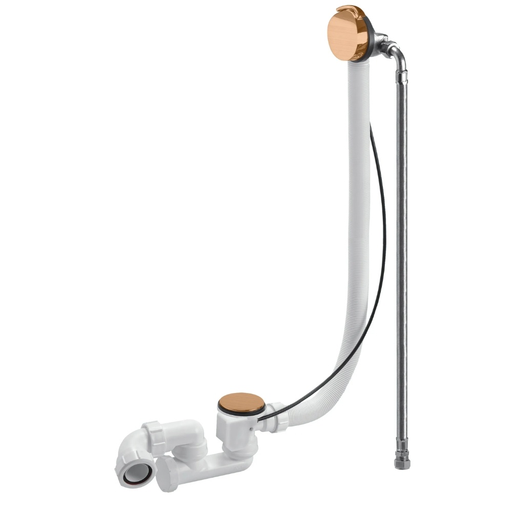 BC Designs Brushed Copper Overflow Bath Filler & Waste with Trap Cut Out